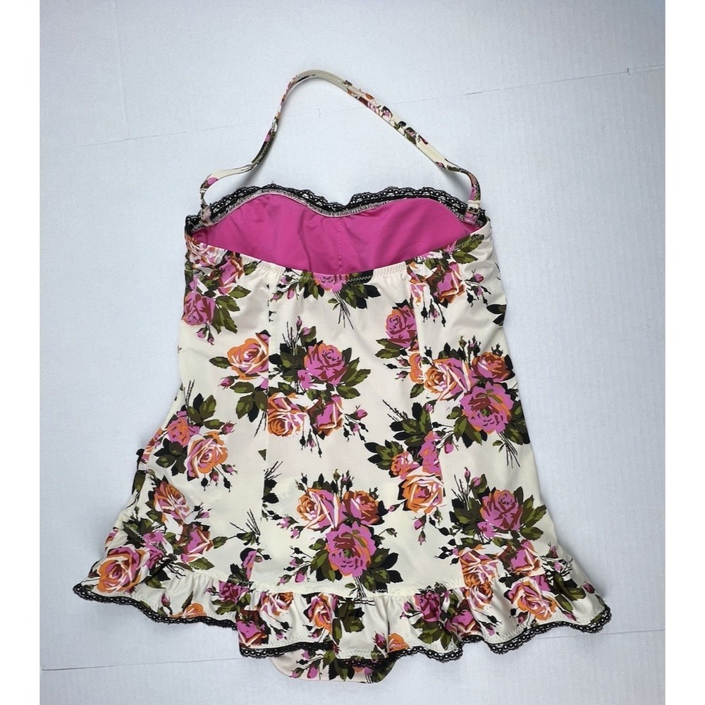 BETSEY JOHNSON One-Piece Skirted Corset Floral Cream Pink Black Lace Bows Small - Picture 7 of 12